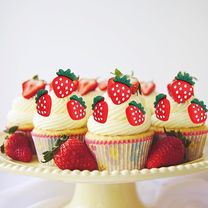 30 PCS Strawberry Cupcake Toppers Red Fruit Theme Berry Strawberry Cupcake Picks for Sweet Fruit Baby Shower Kids Boys Girls Birthday Party Cake Decorations Supplies