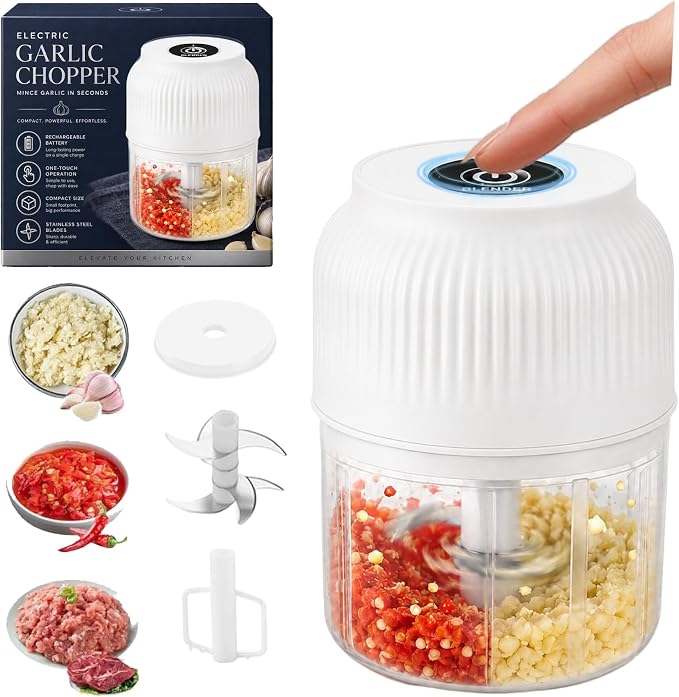 Electric Garlic Chopper, Mini Cordless Food Processor with 6 Stainless Steel Blades, USB Rechargeable Vegetable Mincer for Garlic, Onion, Ginger, Chili, Nuts, Meat & Meal Prep，White：4Blades+Egg Beater