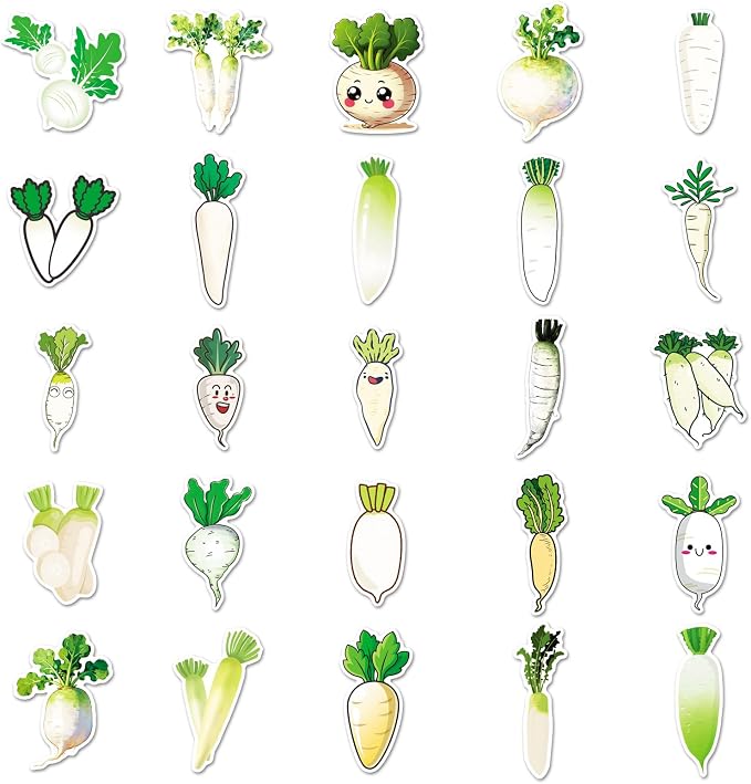 50 Pcs White Radish Stickers - Cute Kawaii Style Vegetable Decals for Journal, Kitchen, Laptop - Unique Funny Foodie Sticker Pack(White Radish)