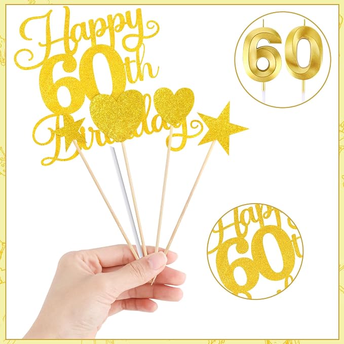 Happy 60th Birthday Cake Topper for 60th Birthday Decorations Numeral 60 Candle with Glitter Heart Cupcake Picks Set for Men Women Hello 60 Birthday Anniversary Party Cake Decor Supplies（GOLD）