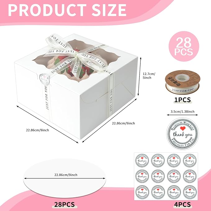 28 Packs 9x9x5 Inch Small Cake Boxes, White Bakery Boxes with Window,9 inch Cake Containers with Lids for Easter and Mother's Day Cheesecake, Cakes. (9 * 9 * 5inch/28pcs)