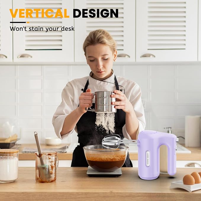 Lord Eagle 5-Speed Hand Mixer Electric, 300W Compact Handheld Mixer, Portable Kitchen Egg Beater with 5 Attachments & Storage Bag, Cake Supplies for Bread Dough Baking, Lightweight, Purple