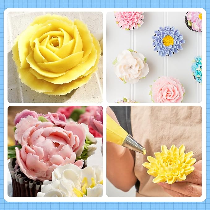 Kasmoire 8 Pcs Rose Flower Piping Tips Set,Petal Icing Tips with 10 Pcs Disposable Piping Bags for Cake Decorating