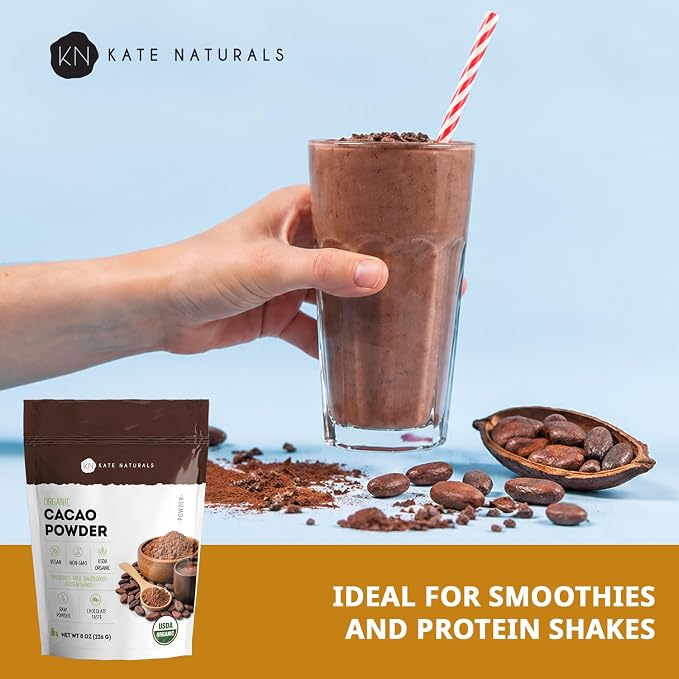 Kate Naturals Organic Cacao Powder, 8 oz – Unsweetened Raw Cocoa Powder, Non-GMO, Vegan, Gluten Free, Rich Chocolate Flavor for Baking & Smoothies