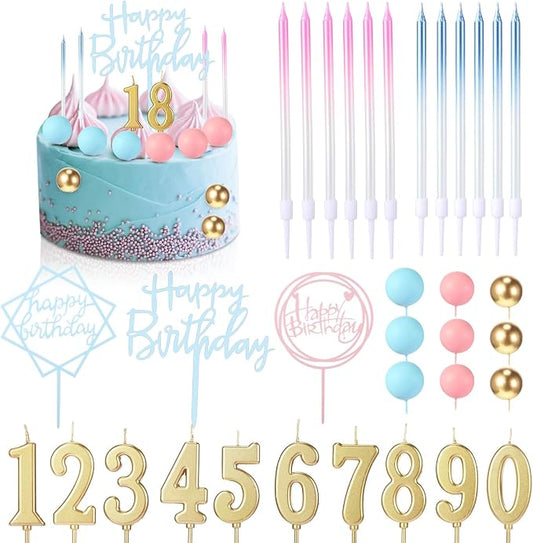 Yerliker 34 Pcs Happy Birthday Cake Toppers Decorations Birthday Candles DIY Cake Decor for Men Women Wedding Anniversary(Blue Pink)