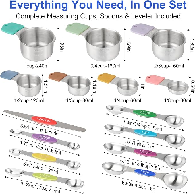 Magnetic Measuring Cups & Spoons Set, Patented, Strong N45 Magnets, Heavy Duty Stainless Steel Fits in Spice Jars for Baking & Cooking, Round Set of 15 with Leveler Colorful