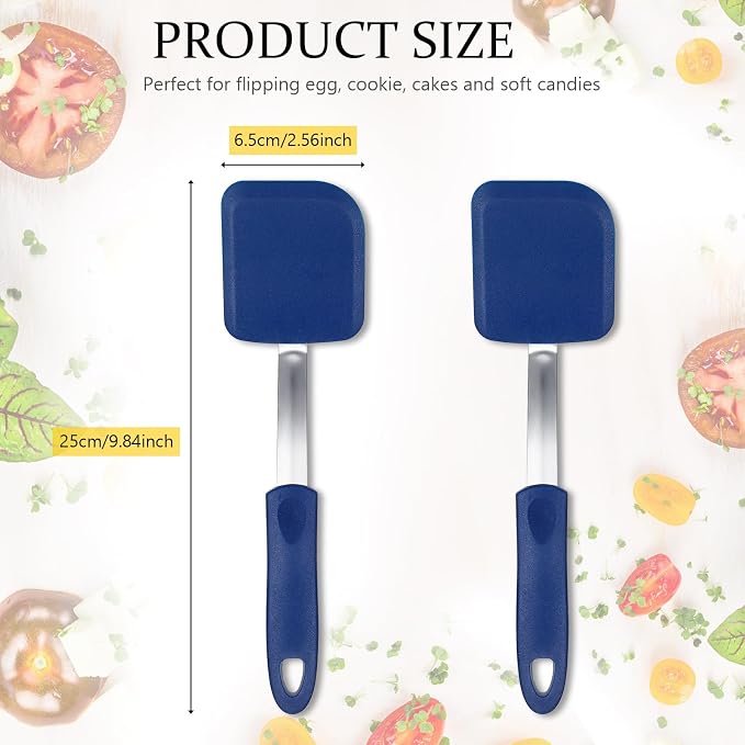 Silicone Cookie Spatula Turner 2 Pack Mini Brownie Spatula Flexible Kitchen Small Silicone Turner for Nonstick Cookware Heat Resistant No Scratch Flipper for Pancake(Solid Flat,Blue)
