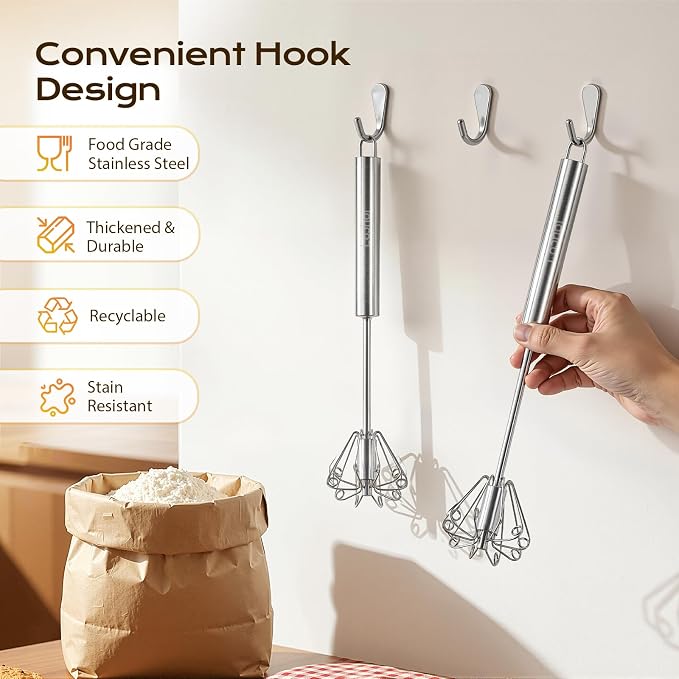 Upgraded Stainless Steel Semi-Automatic Whisk, Easy Push Hand Whisks for Eggs, Cream, Coffee & Light Mixing, Easy Clean Kitchen Whisk for Everyday Cooking (10in)