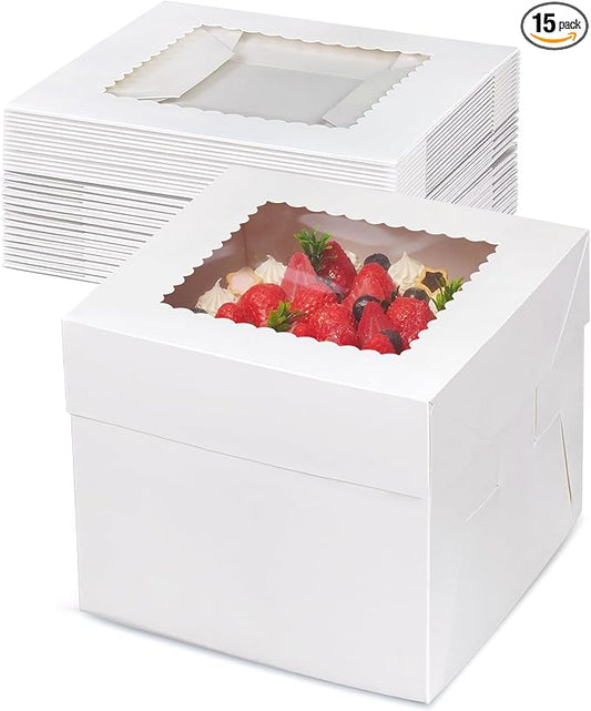 KEEPARTY 15 PCS Cake Boxes with Window 8x8x8 Inches White Bakery Boxes Square Containers for Cake Cupcakes Pastry