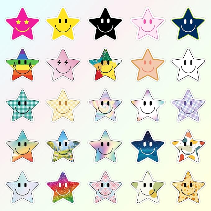 50PCS Smiling Star Stickers, Cute Water Bottle Stickers for Kids, for Teaching Rewards, Notebooks, Stationery, Luggage, Cartoon PVC Happy Stickers