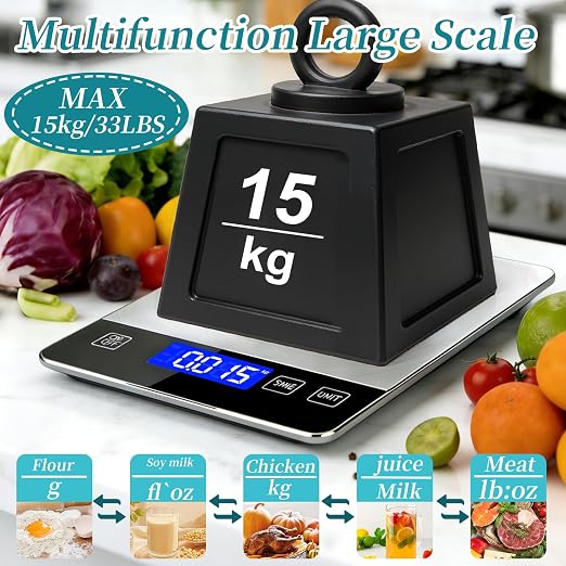 Digital Kitchen Scale, 33lb High Capacity Food Scale with Rechargeable Battery, 304 Stainless Steel Platform for Weight, Meal Prep, Baking