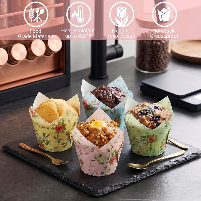 200 Pcs Floral Tulip Cupcake Liners for Baking, Color with Wildflowers | Standard Greaseproof Tulip Muffin Liners for Baking, 3oz Paper Cupcake Wrappers for Party Wedding Birthday