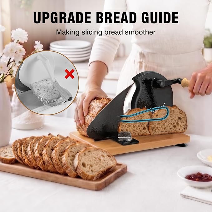 vanerepok Manual Bread Slicer Adjustable Thickness for Homemade Sourdough | Hand Crank Bread Cutter with Scale & Stable Suction Cups & Wood Base for Even Slicing Perfect Baking Gift for Home Bakers