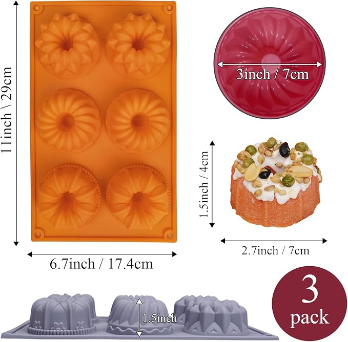 3Pcs Mini Fluted Tube Cake Pans for Baking, 6-Cavity Silicone Cake Pan Nonstick, Silicone Cake Mold for Cupcakes, Donuts, Cornbread, Brownies, Jellies
