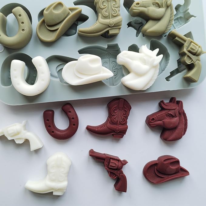 2 Pack Cowboy Chocolate Molds, Western Themed Silicone Fondant Jelly Cupcake Cake Decoration Molds, Unique Cowboy Hat Boot Horse Shape Candle Soap Wax Epoxy Resin Mold for Crafts Baking Tool
