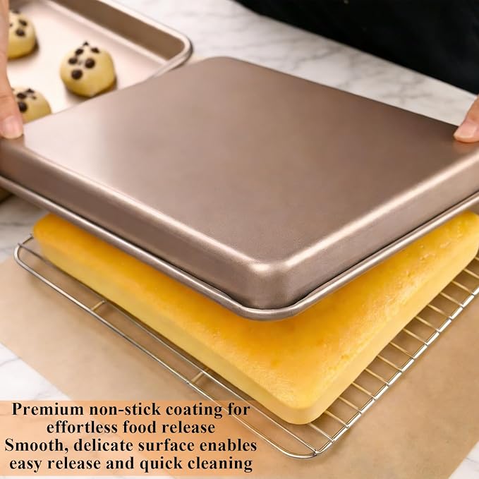 SHUESS 4 Pcs Baking Sheet, 11 X 9 Inch Non Stick Cookie Sheets for Baking, Heavy Duty Carbon Steel Small Cookie Sheets, Golden Jelly Roll Pan, Quarter Sheet Pan, Baking Trays for Oven, Air Fryer