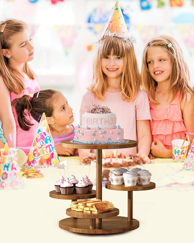 SANYOUNG 4 Tier Round Cupcake Tower Stand for 50 Cupcakes, Rotatable Wooden Cake Stands with Tiered Tray, Cookie Dessert Display Stand for Wedding Birthday Baby Shower Tea Party, Rustic
