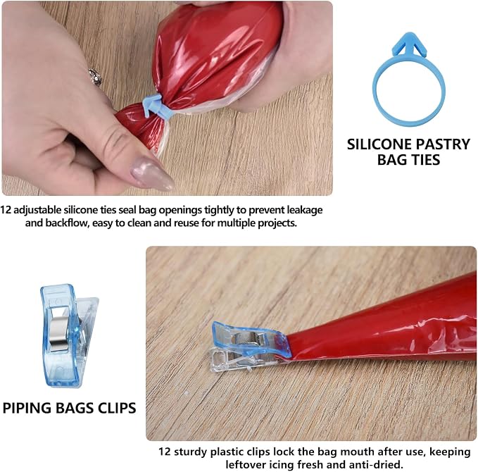 Artcome 129pcs Thickened Tipless Piping Bags Set - 100pcs Heavy-Duty Disposable Pastry Bags - 12 Silicone Ties, 12 Clips, 4 Scriber Needles & 1 Scraper - Ideal for Cookie & Cake Holiday DIY Decorating