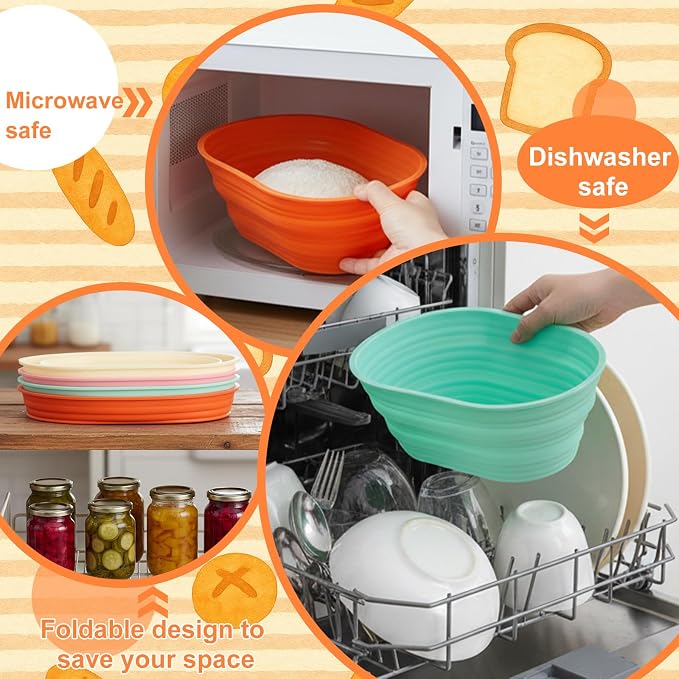 4 Pcs Oval Silicone Bread Proofing Basket Set, 10 Inch Foldable Sourdough Banneton Basket for Non-Stick Dough Rising - Oven, Dishwasher Safe (Beige, Green, Orange, Pink)