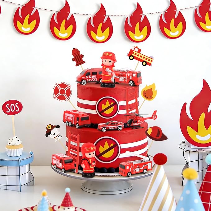 17PCS Fire Truck Cake Toppers Fire Truck Birthday Decorations Firetruck Cake Decorations for Kids Adult Birthday Party Supplies Fireman Firetruck Party Cake Decorations