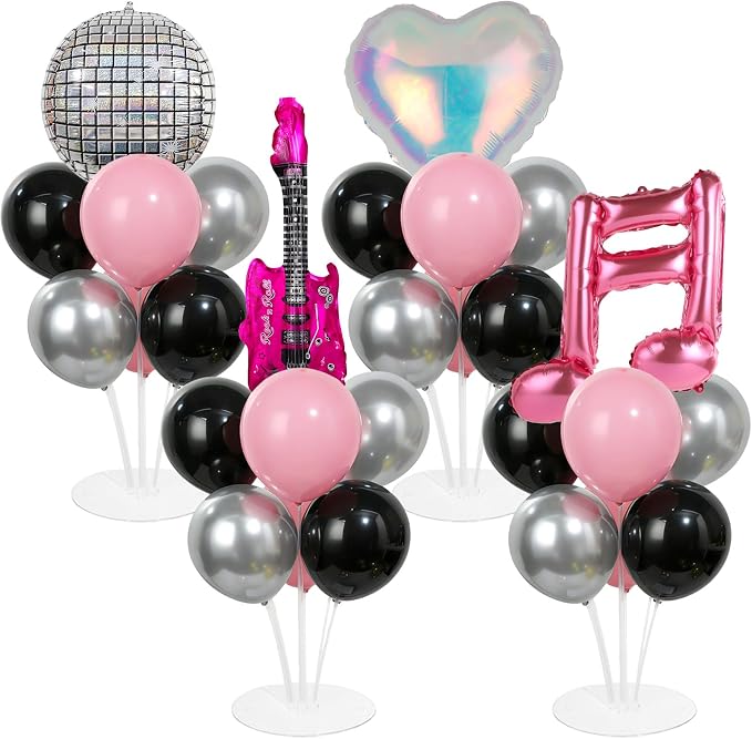 4 Sets Music Party Balloons Stand Kit with Music Note Guitar Disco Ball Colorful Heart Foil Balloons Concert Party Balloon Centerpiece for Tables for Indoor Outdoor Birthday Kpop Decorations