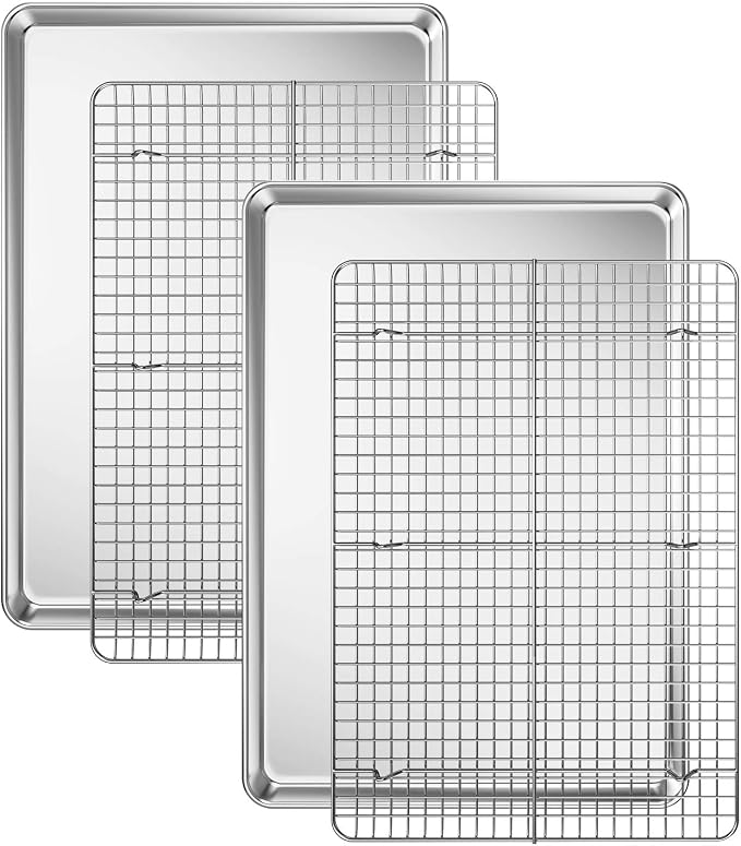 Baking Sheet with Cooling Rack Set [2 Sheets + 2 Racks], Deedro Stainless Steel Cookie Half Sheets Baking Pan Oven Tray with Rack, 17.3 x 12.3 x 1 Inch, Heavy Duty, Non-toxic, Dishwasher Safe