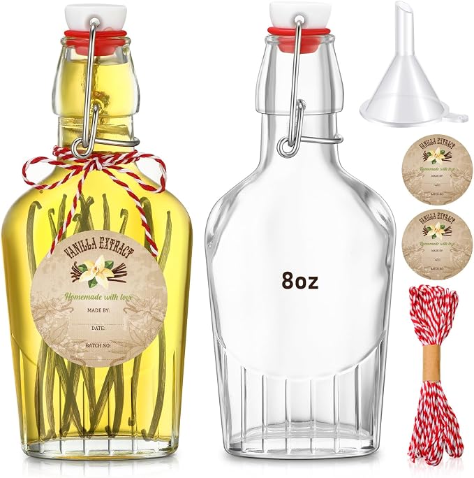 Uiifan 2 Pack 8 oz Vanilla Extract Bottles with Swing Top Flask Whiskey Pocket Glass Flask for Homemade Vanilla Extract Lemon Kombucha Water Apply Christmas Wedding Gift
