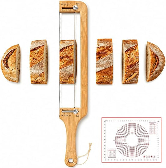 Adjustable Bread Knife for Homemade Bread - Bread Slicer with 1/2-inch and 1-inch Thickness Guides - 17 inch Bread Cutter-Bow Design （Natural Red Wood）