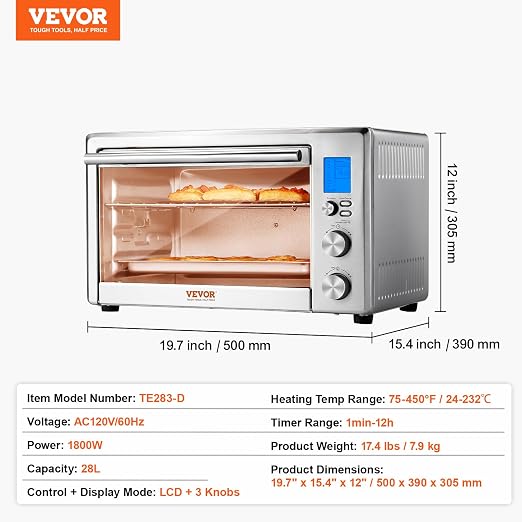 VEVOR Air Fryer Toaster Oven, 28L/29.6Qt Large Capacity 13 in 1 Functional Convection Oven, 1800W 2-Tier Toaster Ovens Countertop Combo with Wire Racks, Pizza Pan, Gloves, Home and Commercial Use