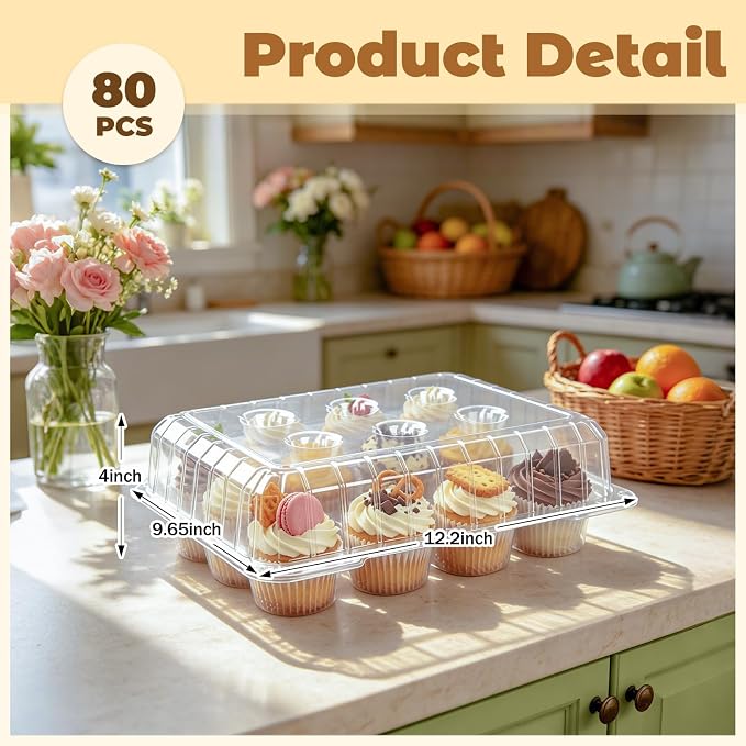 JarThenaAMCS 80 Pack Plastic Cupcake Containers 12-Compartment Clear Boxes Disposable Cupcake Tray Holders 12 Cavity Dessert Carriers with Deep Dome for Muffin Packaging