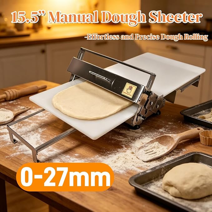 15.5" Folding Dough Sheeter, Stainless Steel Manual Dough Roller | 55 Adjustable Thicknesses, Includes Sheeter Board, Commercial Grade, For Pizza, Croissants and Puff Pastry