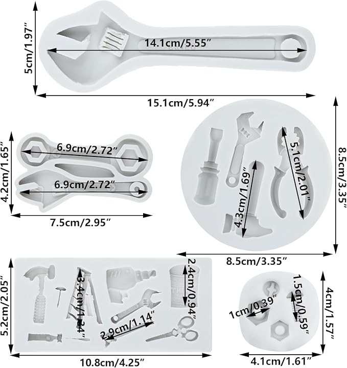 Hand Tools Silicone Mold Construction Tools Fondant Molds Wrench Screw Nut Hammer Pliers Candy Molds For DIY Cake Decoration Cupcake Topper Resin Polymer Clay Chocolate Gum Paste Set of 5