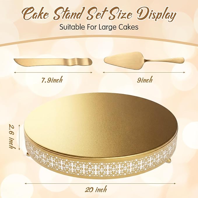 Wenqik Gold Cake Stand 20 Inch Metal Round Cupcake Dessert Wedding Cake Stand with Cutting & Spatula Cookies Display Holder Fruit Serving Tray for Table Wedding Birthday Anniversary Party