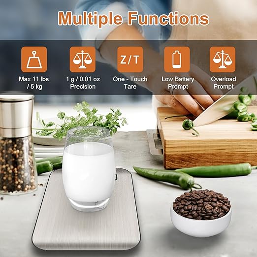 CROWNFUL Food Scale, 11 lb Digital Kitchen Scales with Built-in Coin Battery, Weight Ounces and Grams for Cooking and Baking, 6 Units with Tare Function, LCD Display, 304 Stainless Steel