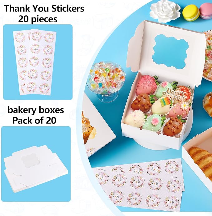 20 Pack Cookie Boxes with Window, 6x6x3 Inches White Bakery Boxes for Treats, Pastries, Desserts & Chocolate Strawberries, Baked Goods Packaging for Holiday Gift Giving