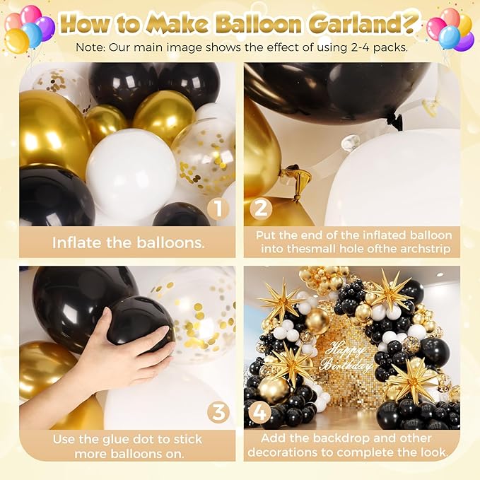 Black and Gold Balloon Arch Garland Kit with Star, 22 18 12 10 5in Different Size Black Metallic Gold White Latex Balloons for Birthday Anniversary 2026 Graduation New Year Party Decoration