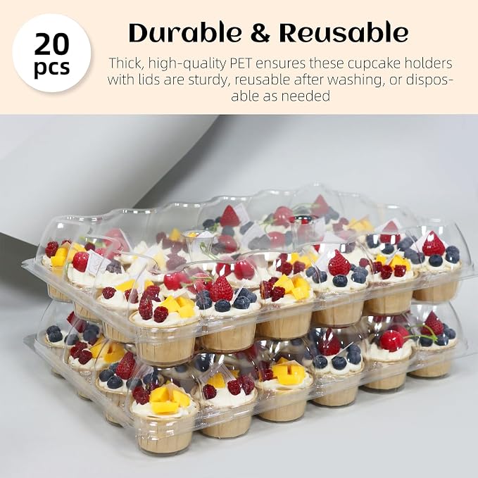 WIKDAY 24 Count x 20 Sets Plastic Cupcake Containers, Durable and BPA-Free Cupcake Holder with Lid for Easy Transport Storage, Stackable Clear Cupcake Carriers, Reusable Dessert Boxes