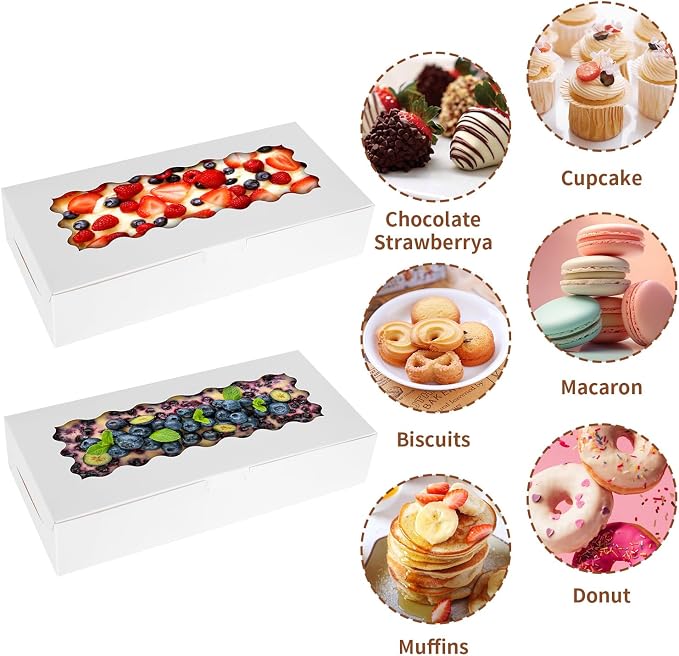 50 pcs White Cookie Box,12x5.5x2.5 Inch Bakery Boxes with Window Pies Chocolate Strawberries Muffins Biscuit Pastry Dessert Box For Packaging