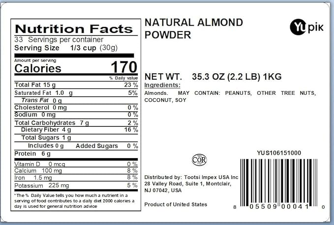 Yupik Ground Natural Almond Powder 2.2 lb (35.2 oz), Gluten-Free, Non-GMO, Vegan, Kosher, Finely Ground from Whole Almonds, Ideal for Baking & Cooking, No Added Oil, Fat, Salt, or Sugar