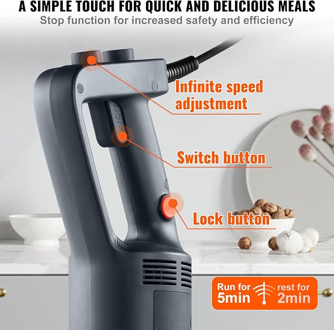 Vevor Commercial Immersion Blender, 750W, 12" Heavy Duty Hand Mixer, Variable Speed, 304 Stainless Steel Blade, Multi-Purpose