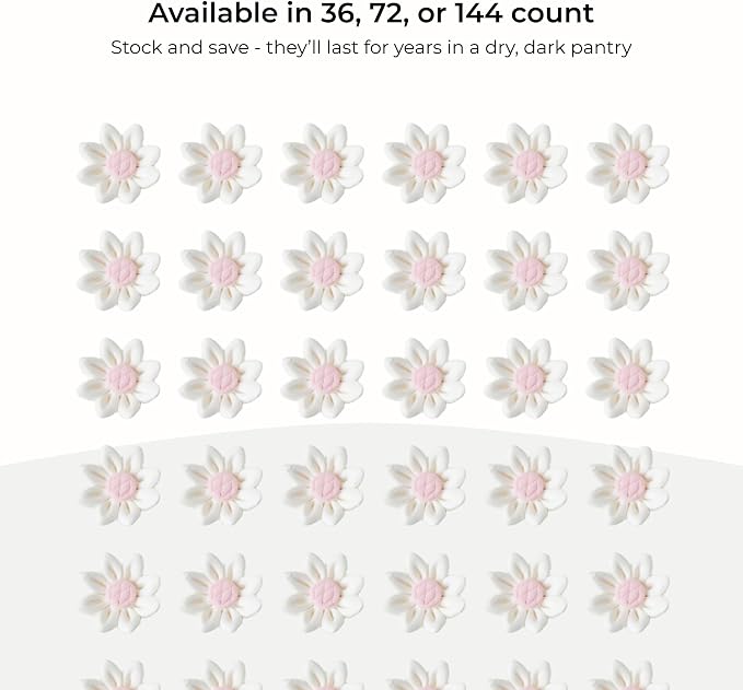 144 Count Edible Daisy Cake Decorations, Mini Edible Flowers, White & Pink Sugar Flowers, Daisy Cupcake Toppers for Cakes & Cupcakes, Edible Cake Decorations, Global Sugar Art (3/4 Inch)