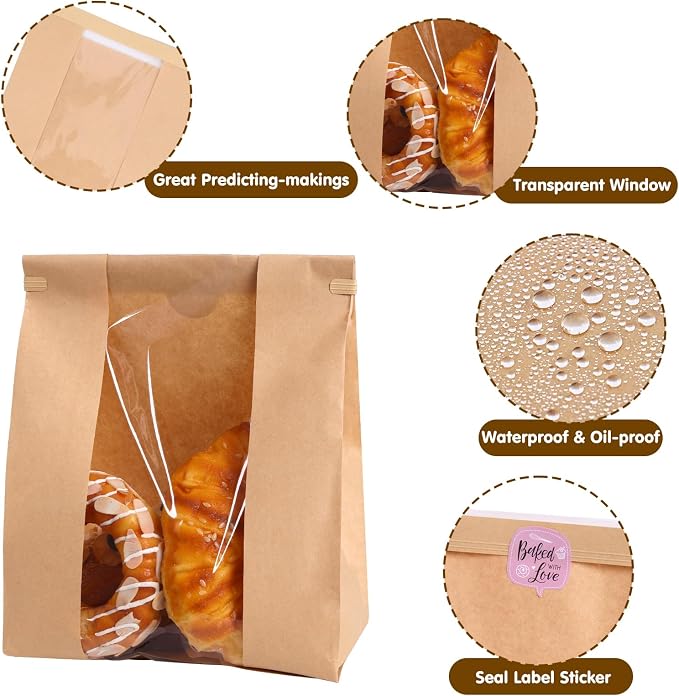 Moretoes 120 Pack Large Paper Bread Bags for Homemade Bread, 13.7x8.3x3.5 Inches, Sourdough Bread Bags with Tin Tie Tab and Clear Front Window, Includes 144 Label Seal Stickers (Brown)