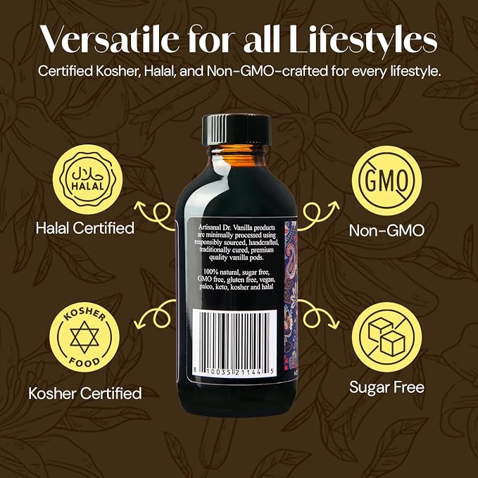 Organic Vanilla Alcohol‑Free Flavor, 4 fl oz - Madagascar Bourbon vanilla, 100% natural, sugar‑free, GMO‑free, gluten‑free, vegan, paleo, keto, kosher, and halal