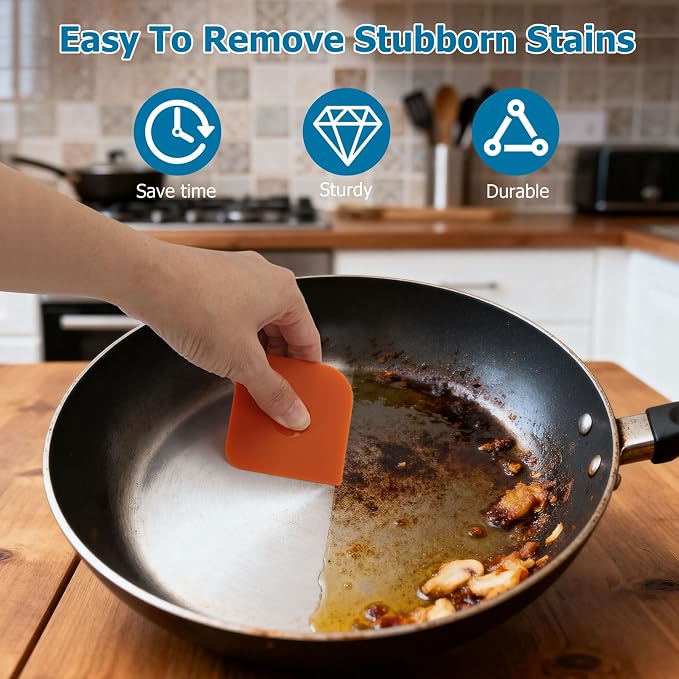 15 Pcs Pan Scrapers, Plastic Pot Scraper, Dish Scraper Tool for Kitchen Cast Iron Skillet Cookware Cleaning (5 Brown+5 Blue+5 Orange）