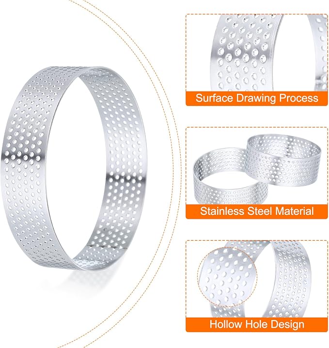 HARFINGTON Stainless Steel Tarts Rings 3.5" Perforated Metal Circle Baking Dessert Mousse Round Cake Ring Non Stick for Home Kitchen Food Cheese Making Tool
