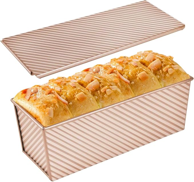 Axim Loaf Pan with Lid,2.2lb Carbon Steel Bread Pan with Slide Cover,Pullman Bread Mould Loaf Tin for Baking Homemade Sourdough & Sandwich Bread (Gold)