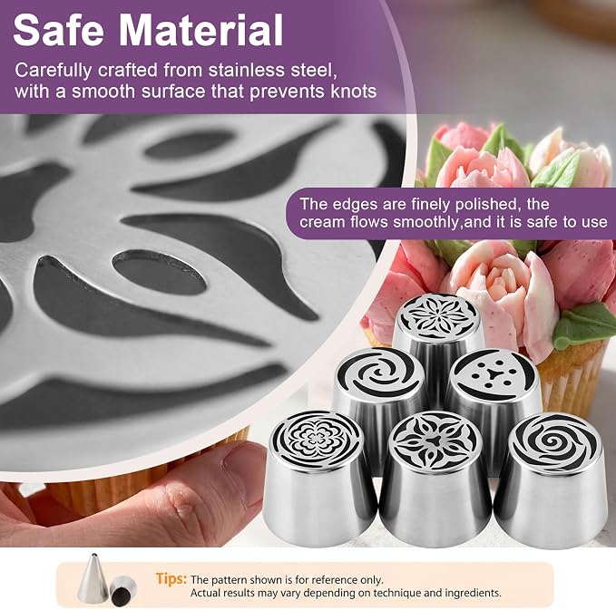 Russian Piping Tips Set, Stainless Steel Cupcake Flower Shaped Frosting Nozzle Kit with 6 Russian Piping Tip, 2 Leaf Piping Tip & Storage for Cake Decorating, Cupcake, Cookie