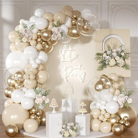 White and Gold Balloon Arch Kit, Metallic Gold and Sand White Balloon Garland Kit for Wedding Birthday Baby Shower Gender Reveal Bridal Decorations