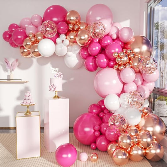 Rose Red Pink Champagne Balloon Arch Garland Kit, 146 Pcs Hot Pink Confetti Rose Gold Tender Pink White Balloons for Graduation Birthday Party Baby Shower Wedding Decorations