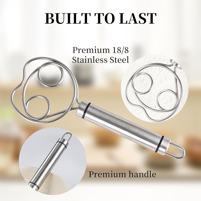 Premium Stainless Steel Danish Dough Whisk (8.5 Inch) - Dishwasher Safe Sourdough Bread Mixer & Batter Blender for Pizza, Pastry Baking